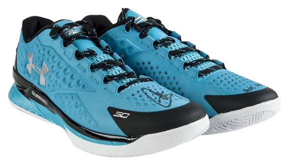 Stephen Curry Signed and Inscribed Pair of (Aqua Blue) Under Armour Basketball Shoes (Player COA)